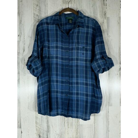 Lauren Ralph Lauren LRL Button Up Shirt Large Linen Blue Plaid Linen Roll Tab - Picture 4 of 10